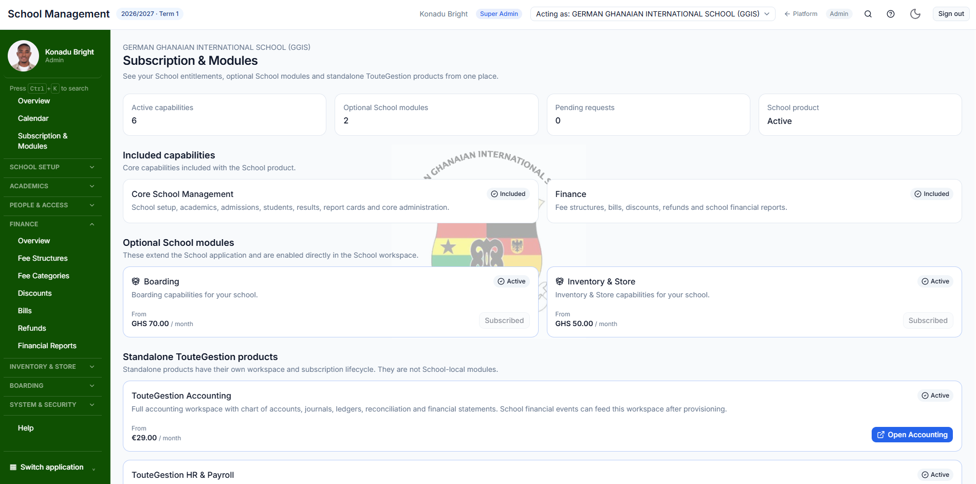 TouteGestion School Management subscriptions and modules interface